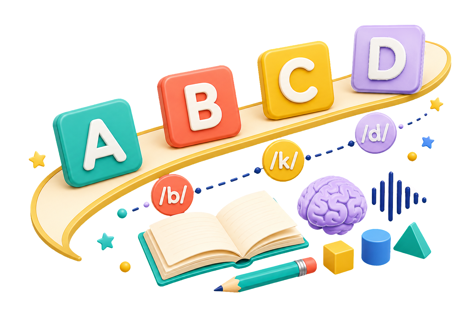 Colourful alphabet tiles, phoneme markers, an open book and a brain connected in a joyful learning pathway